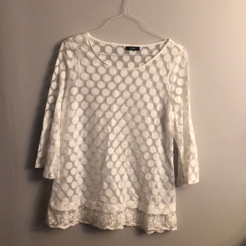 Alfani White Polka Dot Sheer Lace Hem Blouse XXL